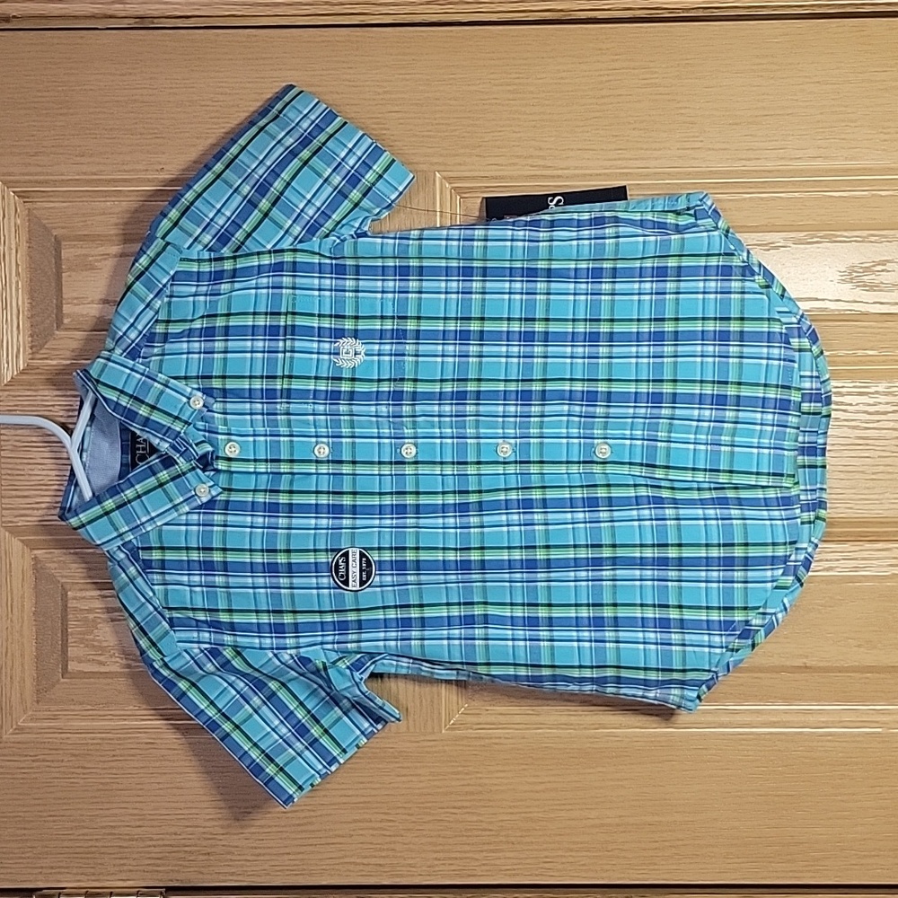 Chaps Boys 4T Button Up Plaid Short Sleeve Shirt with Collar Blue green white